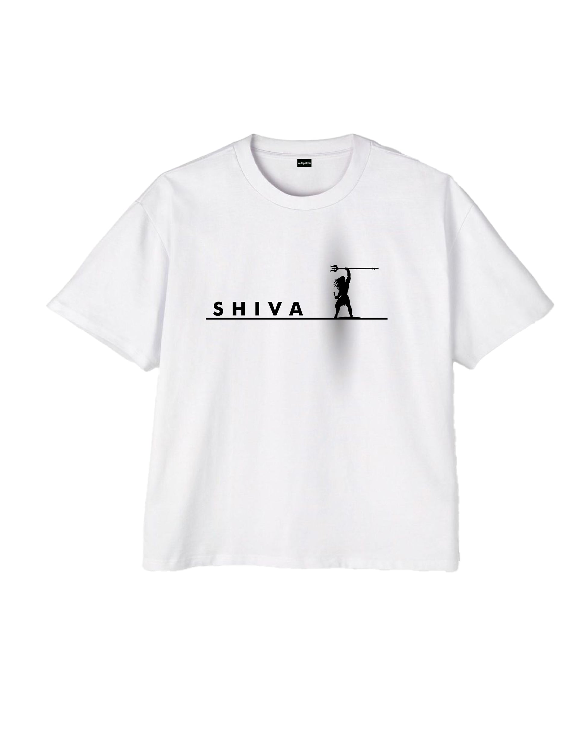 White Shiva graphic T-shirt with black silhouette design and bold text on front by Outspoken