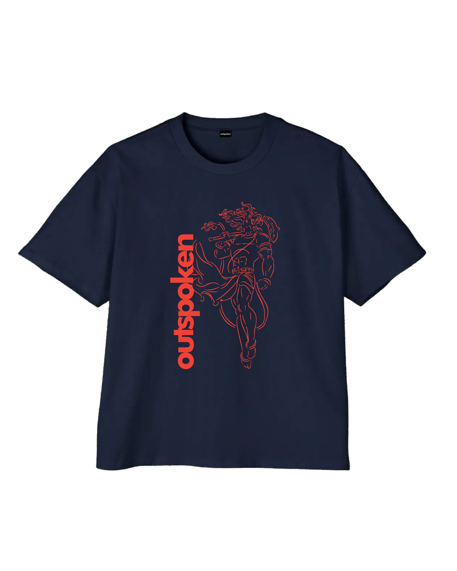 Outspoken navy blue Shiva Tandav oversized t-shirt with red graphic and logo print