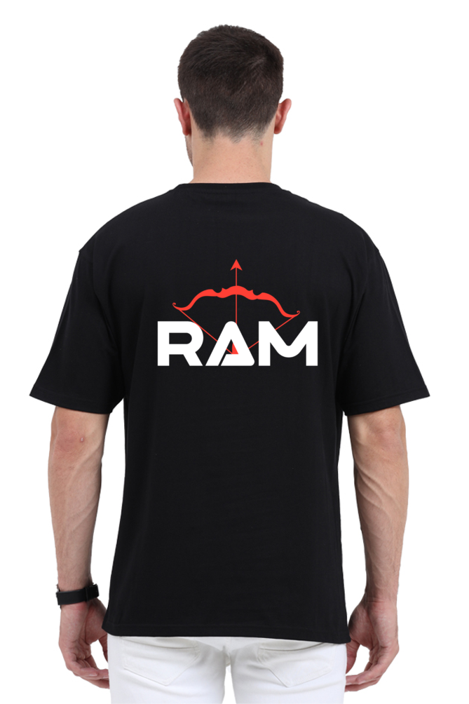 Back view of black Shri Ram oversized t-shirt with red bow and arrow graphic and RAM text