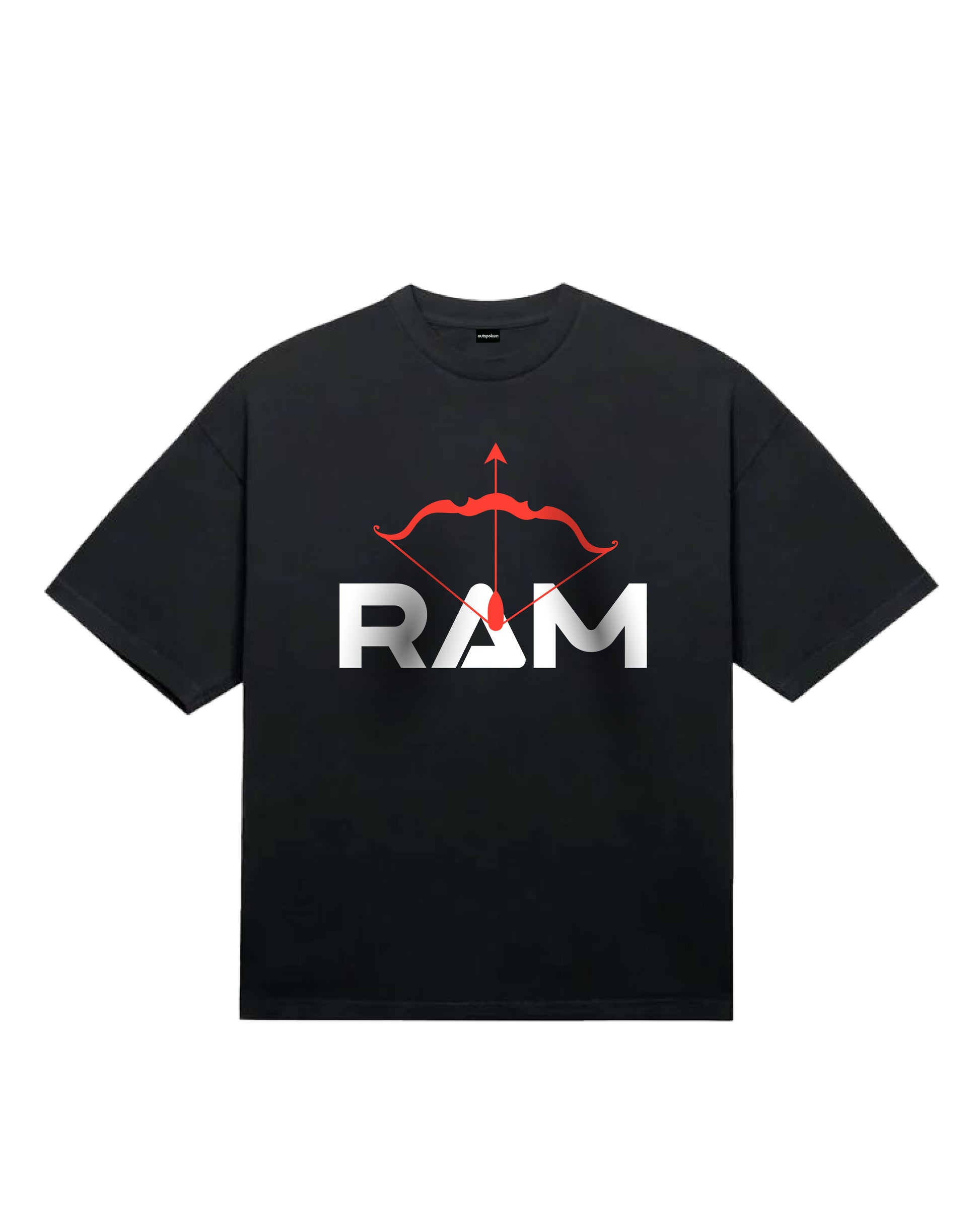 Outspoken Shri Ram oversized t-shirt in black with red bow and arrow graphic and RAM text design