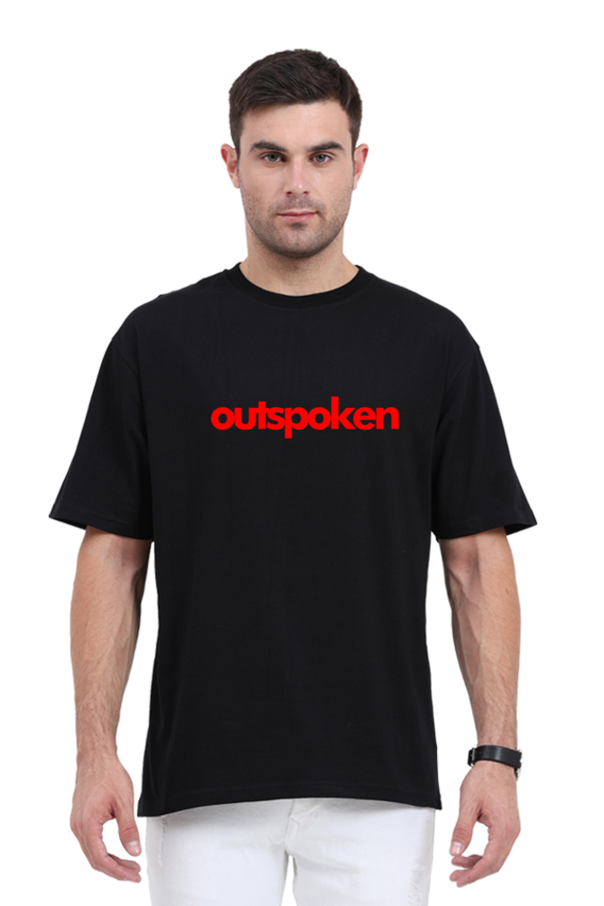 Black Shri Ram oversized t-shirt by Outspoken with red logo print worn by male model