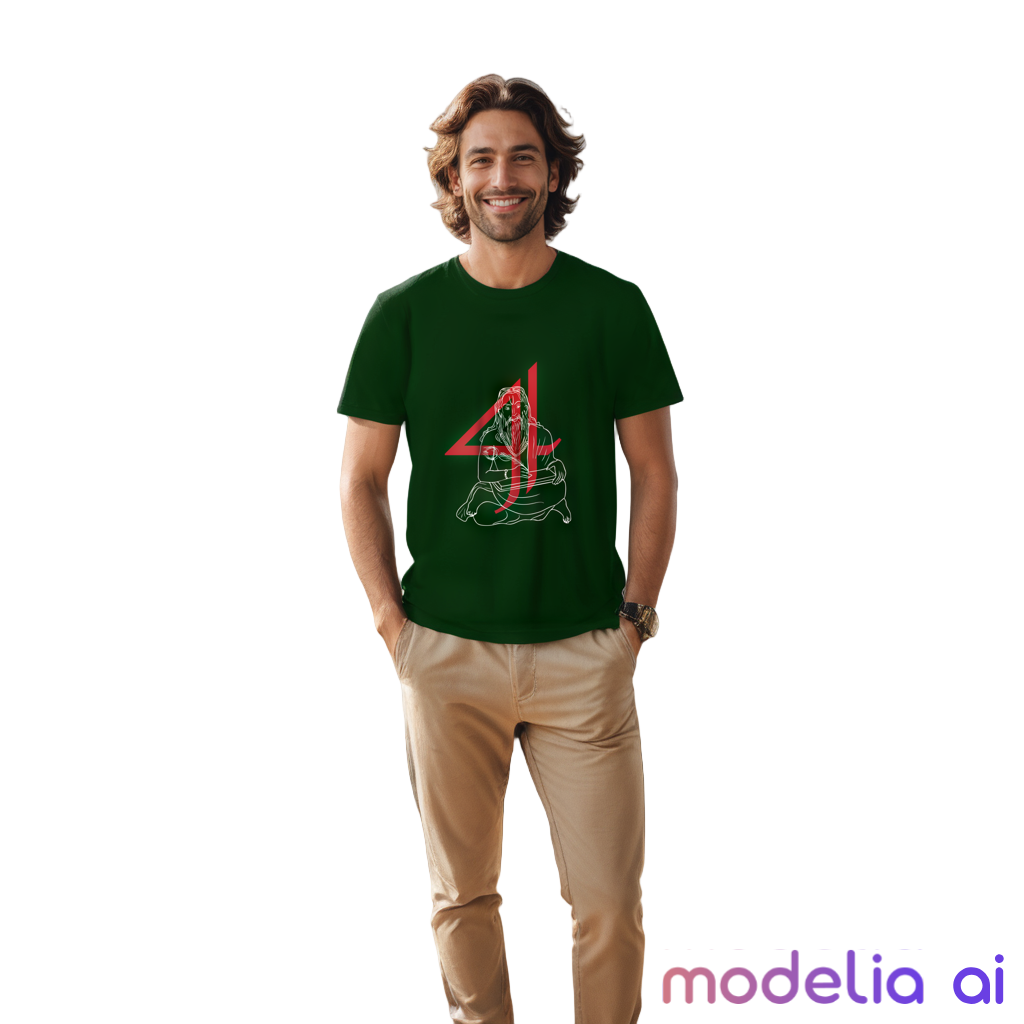 Smiling man wearing a green Shri Ram oversized t-shirt with graphic design and beige pants