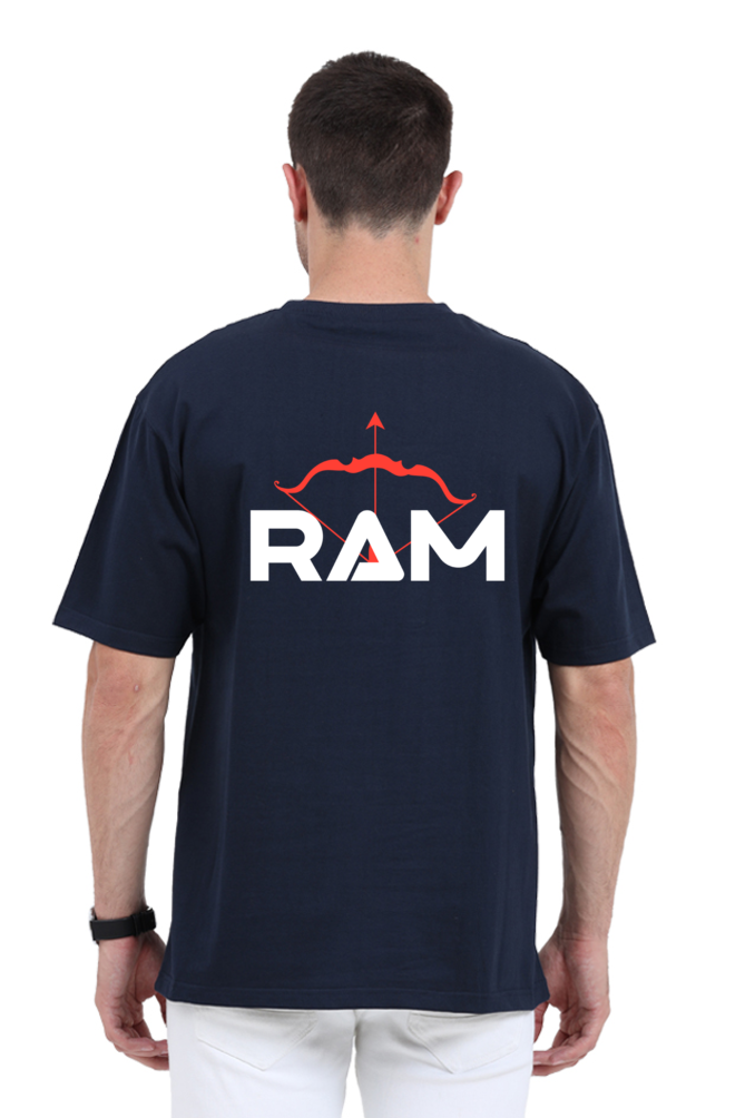 Back view of a man wearing a navy blue Shri Ram oversized t-shirt with red and white graphic design