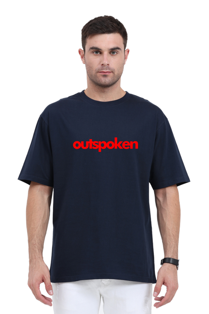 Outspoken Shri Ram oversized t-shirt in navy blue with bold red logo worn by male model