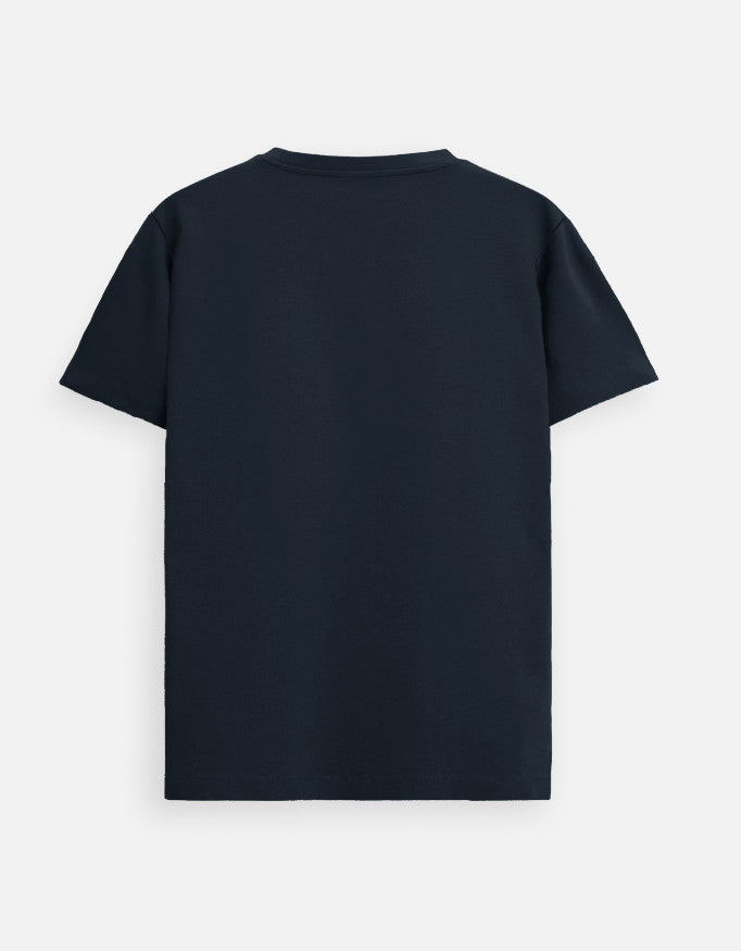 Back view of unisex navy blue supima t-shirt with short sleeves and crew neck